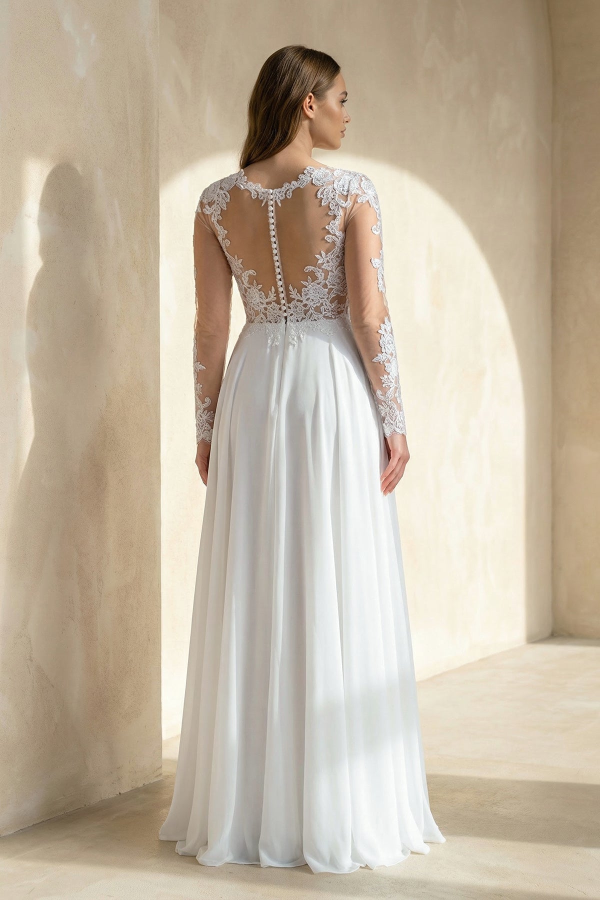 A-Line Long Sleeve Lace Wedding Dress in White