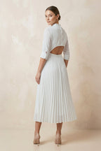 A-Line Long Sleeve Midi Wedding Dress with Pleats in White
