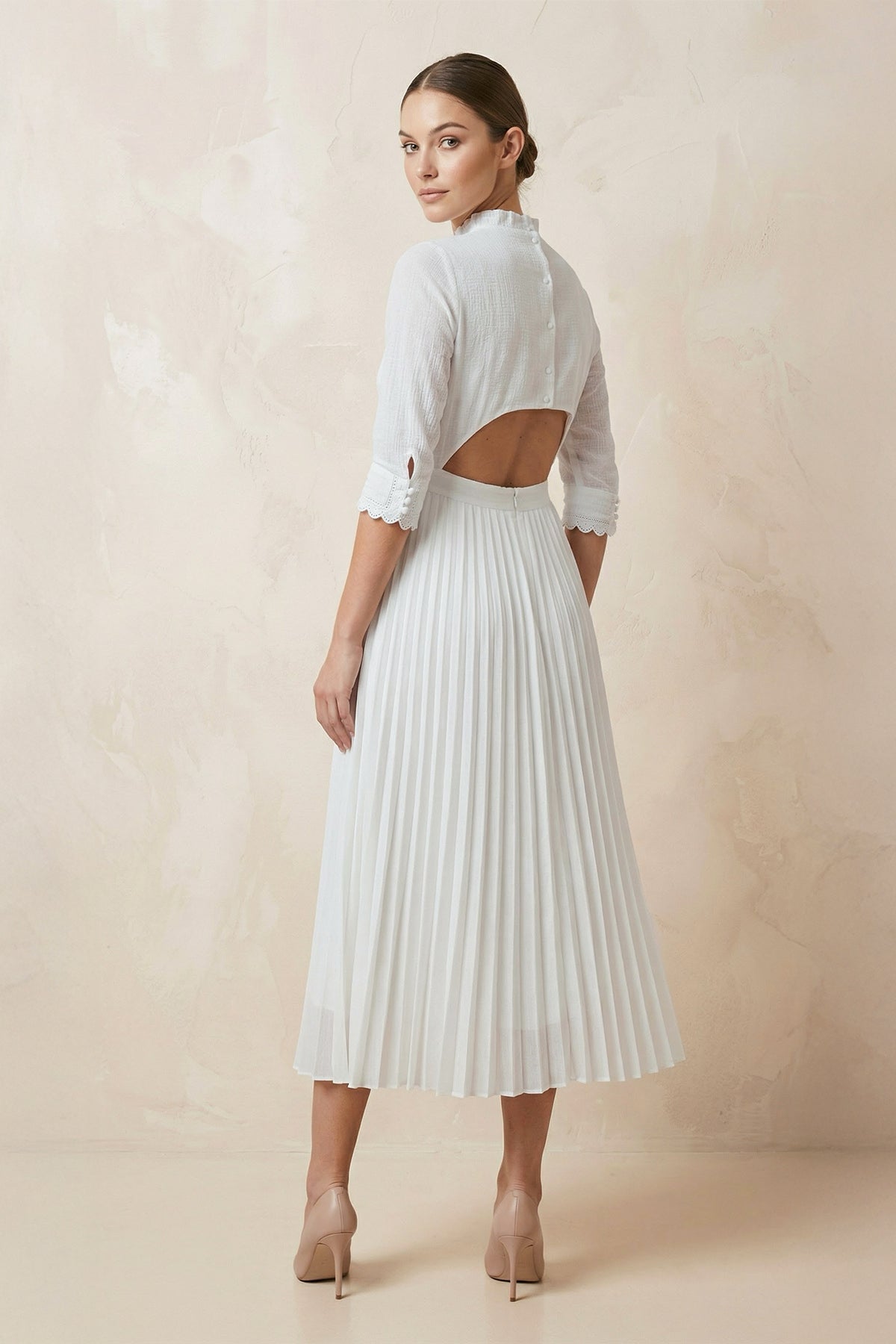 A-Line Long Sleeve Midi Wedding Dress with Pleats in White