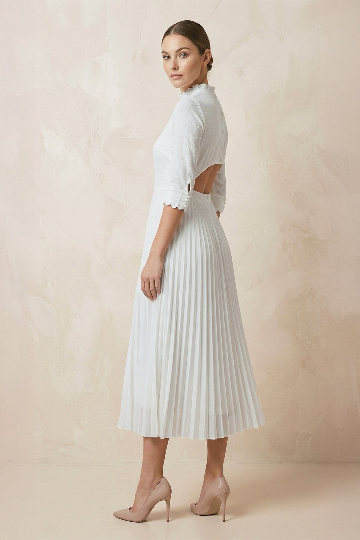 A-Line Long Sleeve Midi Wedding Dress with Pleats in White