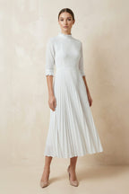 A-Line Long Sleeve Midi Wedding Dress with Pleats in White