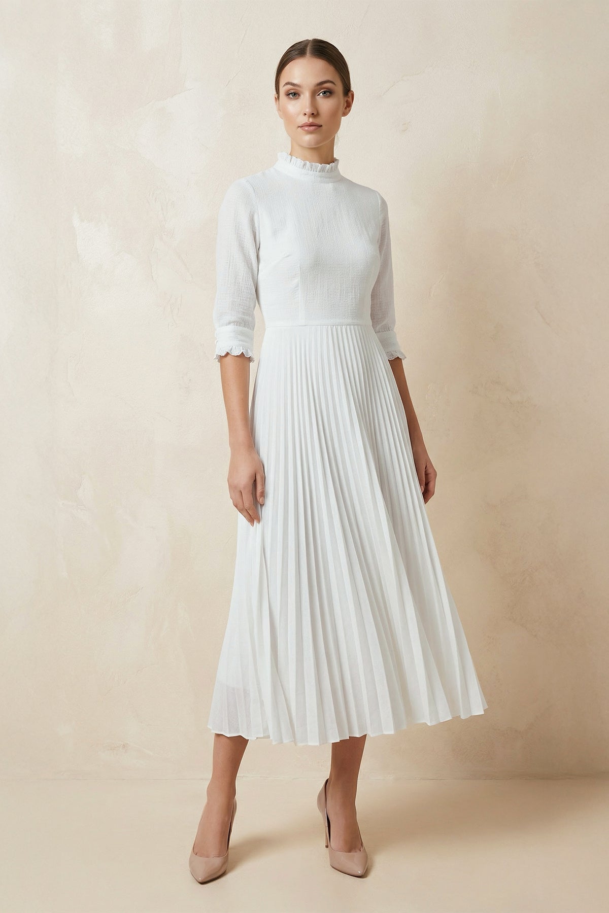 A-Line Long Sleeve Midi Wedding Dress with Pleats in White