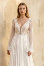 A-Line Long Sleeves Lace Wedding Dress in White