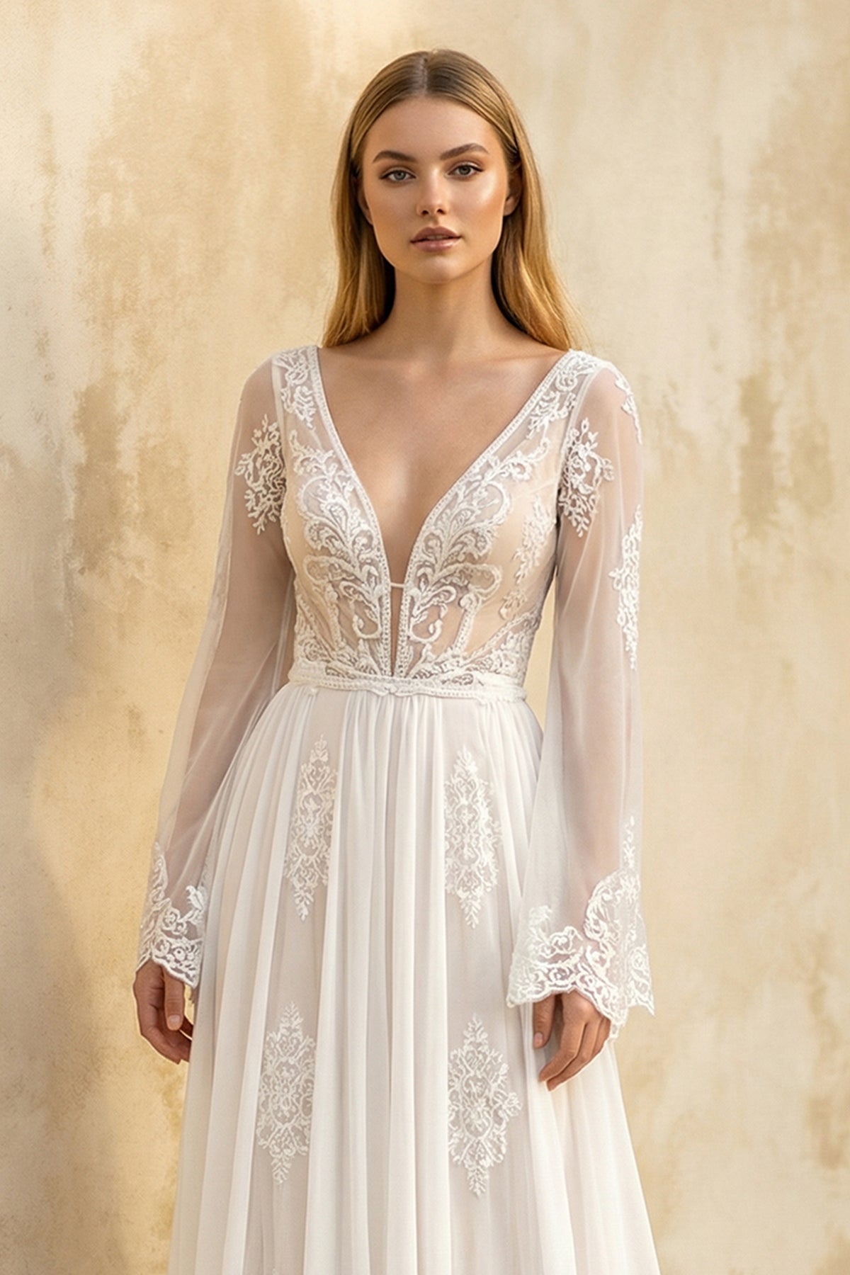 A-Line Long Sleeves Lace Wedding Dress in White