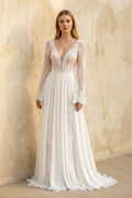 A-Line Long Sleeves Lace Wedding Dress in White