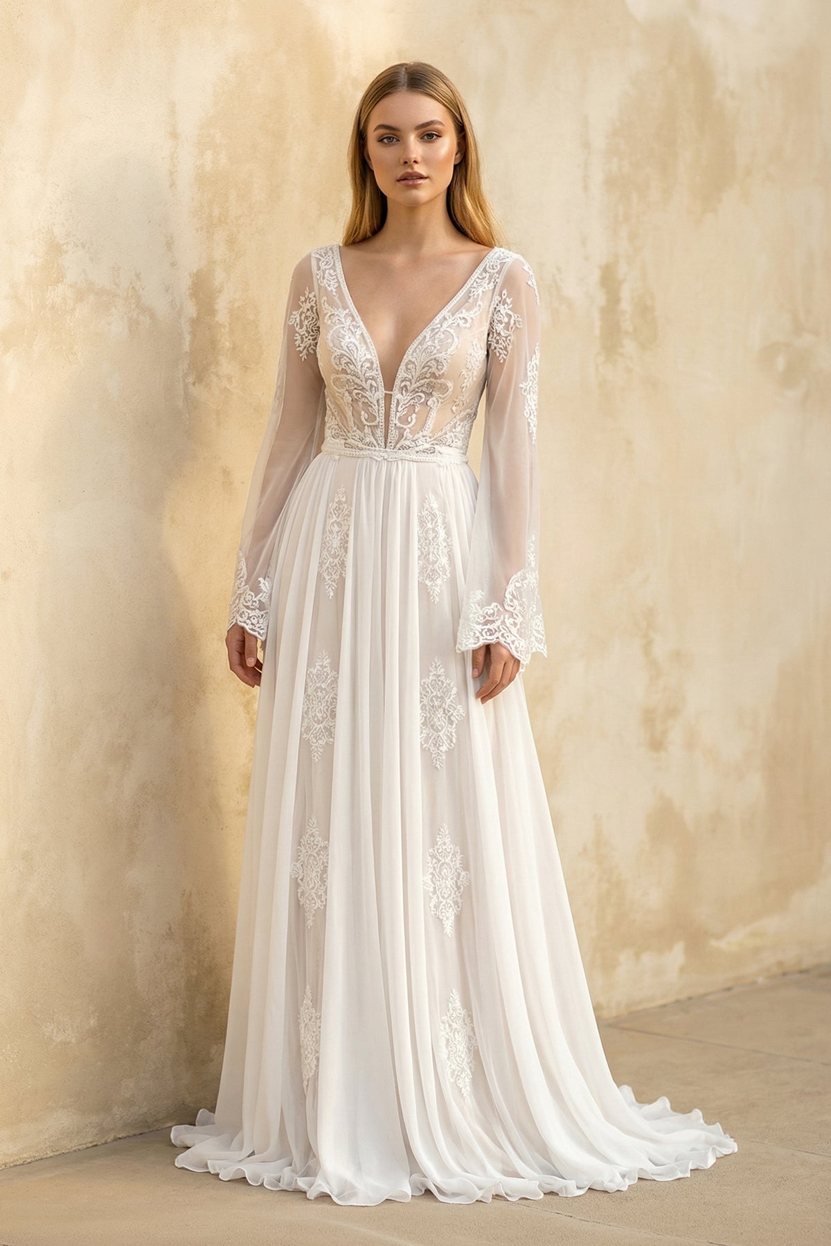 A-Line Long Sleeves Lace Wedding Dress in White
