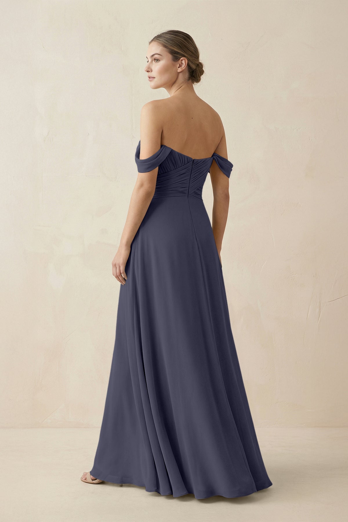 A-Line Off-the-Shoulder Chiffon Bridesmaid Dress in Dusk Blue
