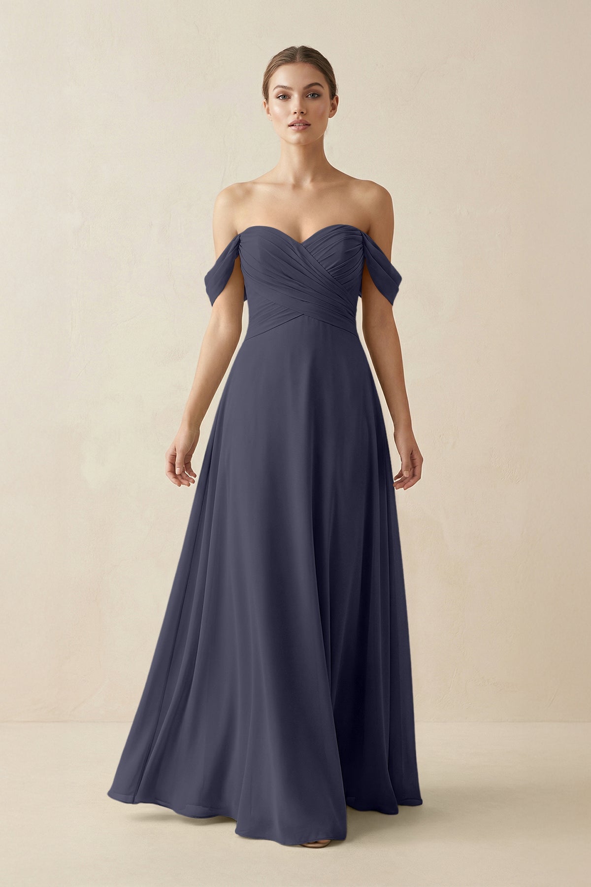 A-Line Off-the-Shoulder Chiffon Bridesmaid Dress in Dusk Blue