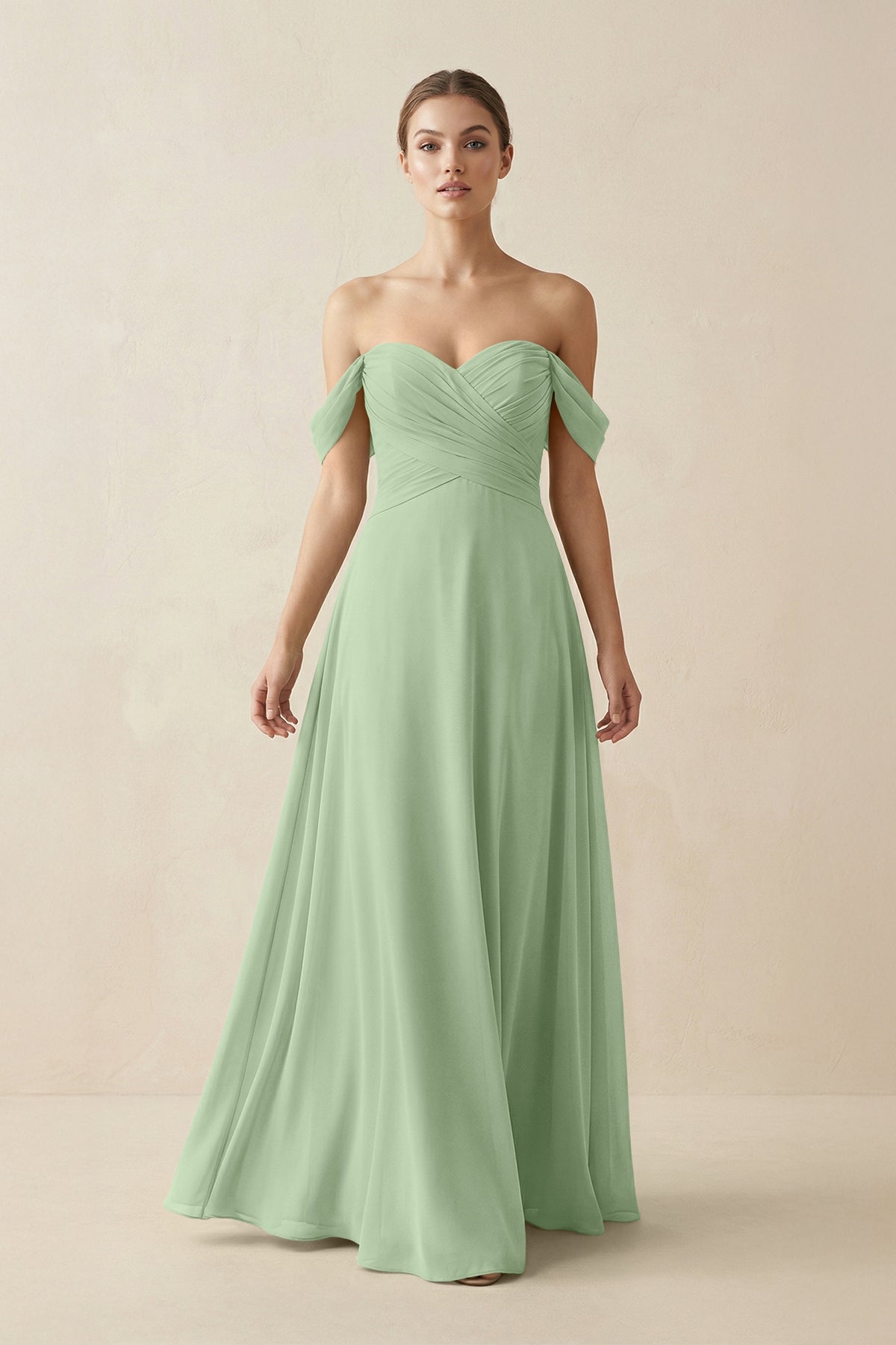 A-Line Off-the-Shoulder Chiffon Bridesmaid Dress in Sage
