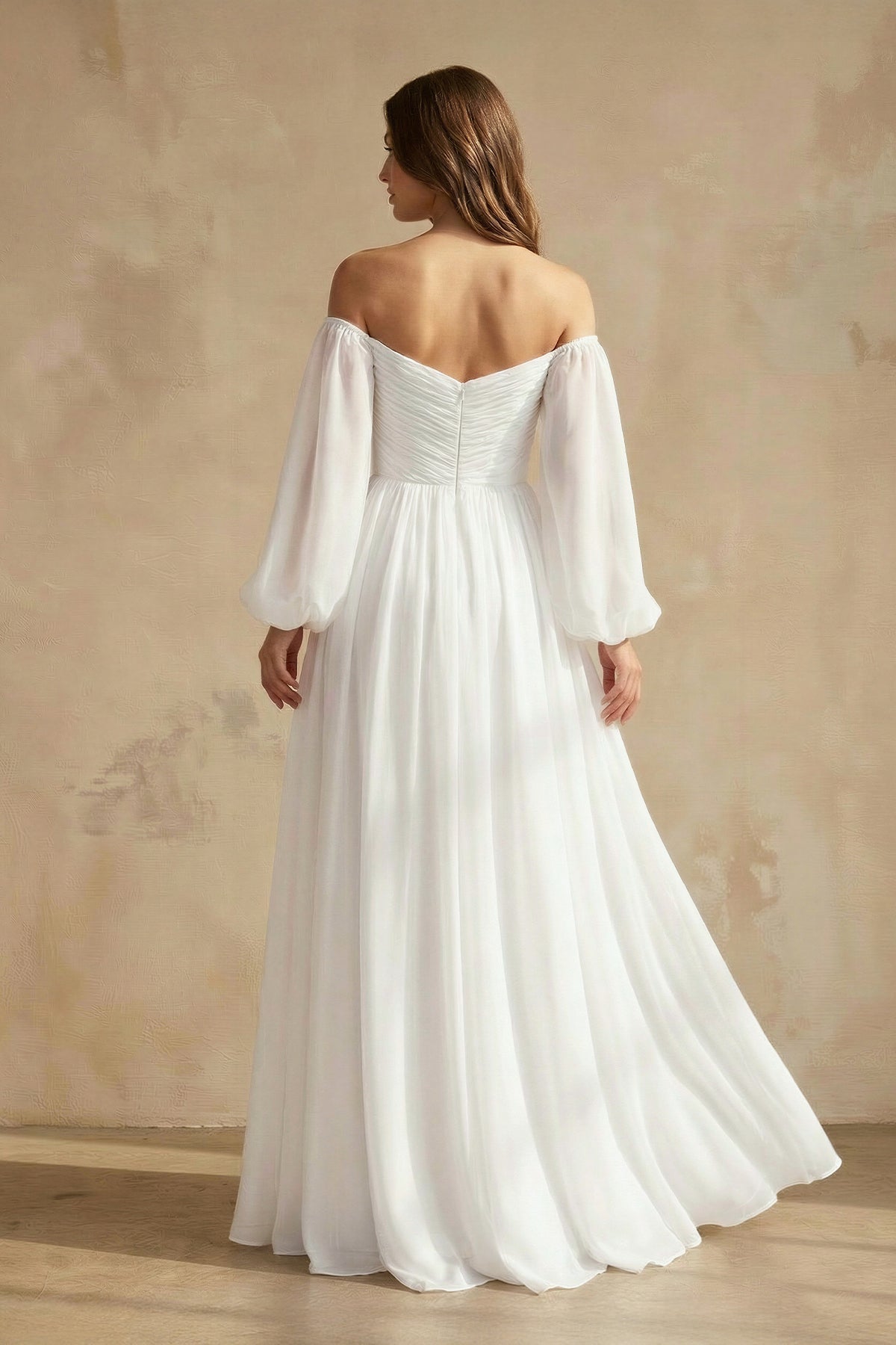 A Line Off The Shoulder Long Sleeves Chiffon Wedding Dress