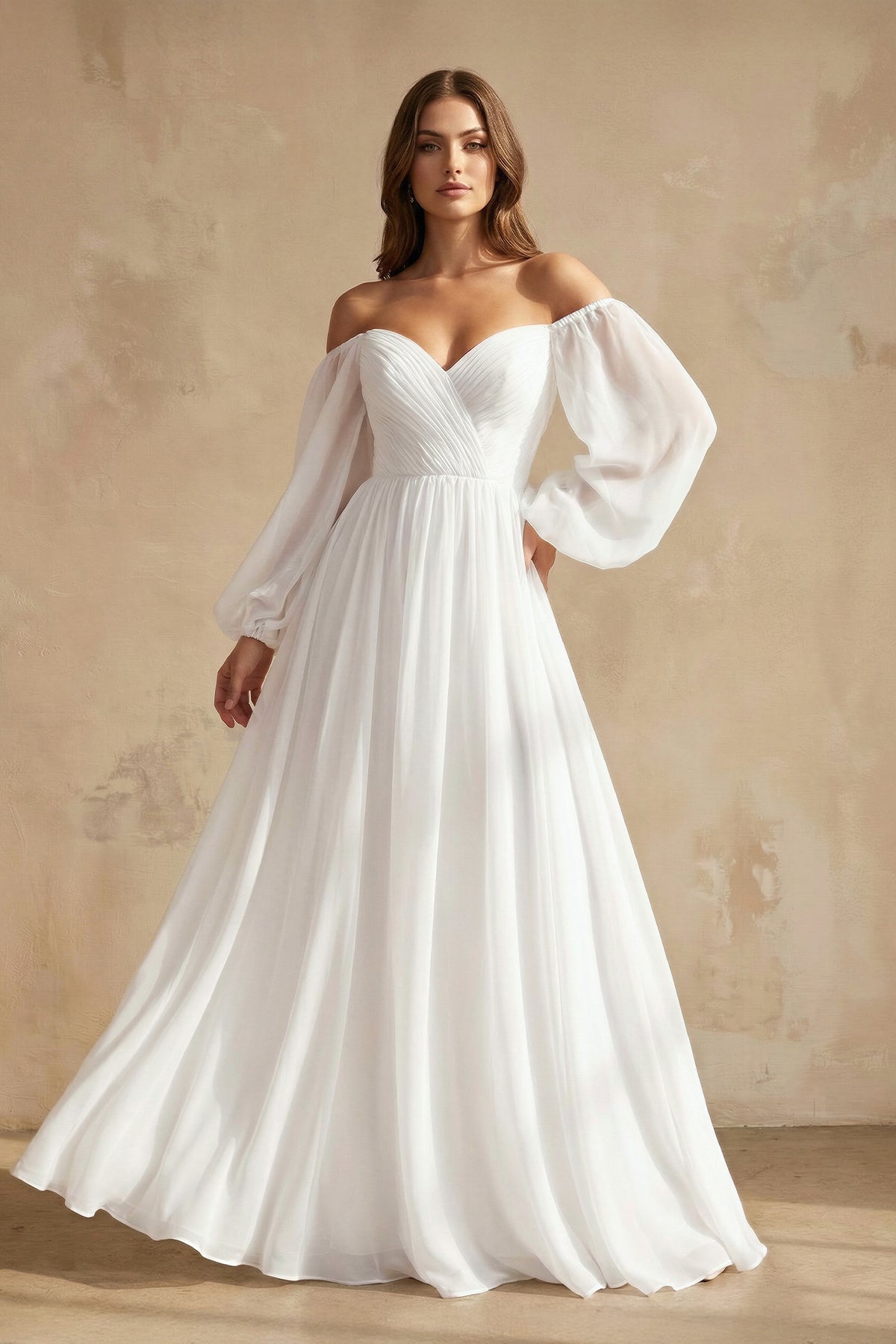 A Line Off The Shoulder Long Sleeves Chiffon Wedding Dress