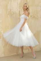 A Line Off-The-Shoulder Tulle Wedding Dress in White