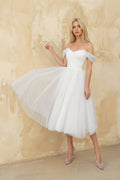 A Line Off-The-Shoulder Tulle Wedding Dress in White