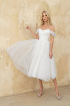 A Line Off-The-Shoulder Tulle Wedding Dress in White