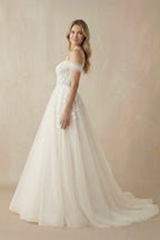 A-Line Off-The-Shoulder Tulle Wedding Dresses in Ivory