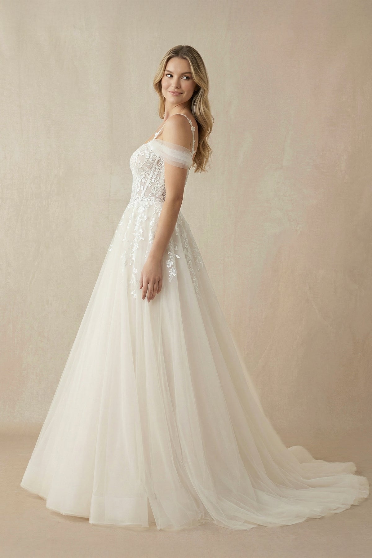 A-Line Off-The-Shoulder Tulle Wedding Dresses in Ivory