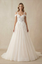 A-Line Off-The-Shoulder Tulle Wedding Dresses in Ivory