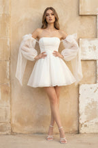 A Line Organza  Off-the-Shoulder Long Sleeves Wedding Dress in White