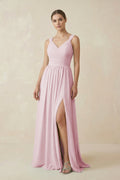 A-Line Pleated Chiffon Long Bridesmaid Dress in Candy Pink