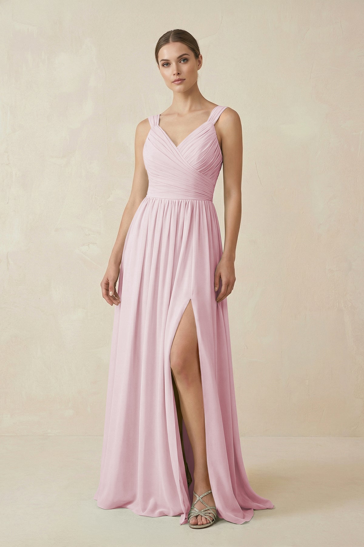 A-Line Pleated Chiffon Long Bridesmaid Dress in Candy Pink