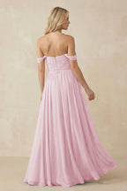 A-Line Pleated Long Chiffon Bridesmaid Dress in Candy Pink
