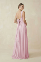 A-Line Pleated Chiffon Long Bridesmaid Dress in Candy Pink