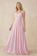 A-Line Pleated Long Chiffon Bridesmaid Dress in Candy Pink