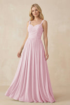 A-Line Pleated Long Chiffon Bridesmaid Dress in Candy Pink