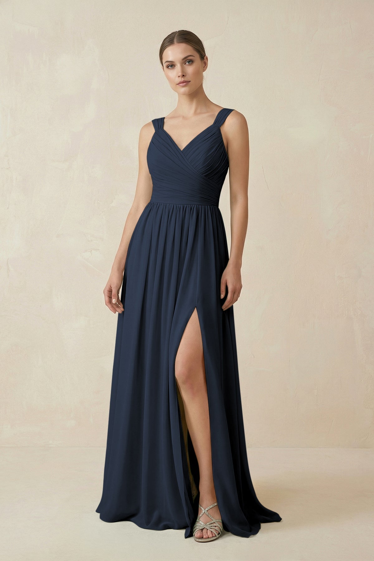 A-Line Pleated Chiffon Long Bridesmaid Dress in Dark Navy