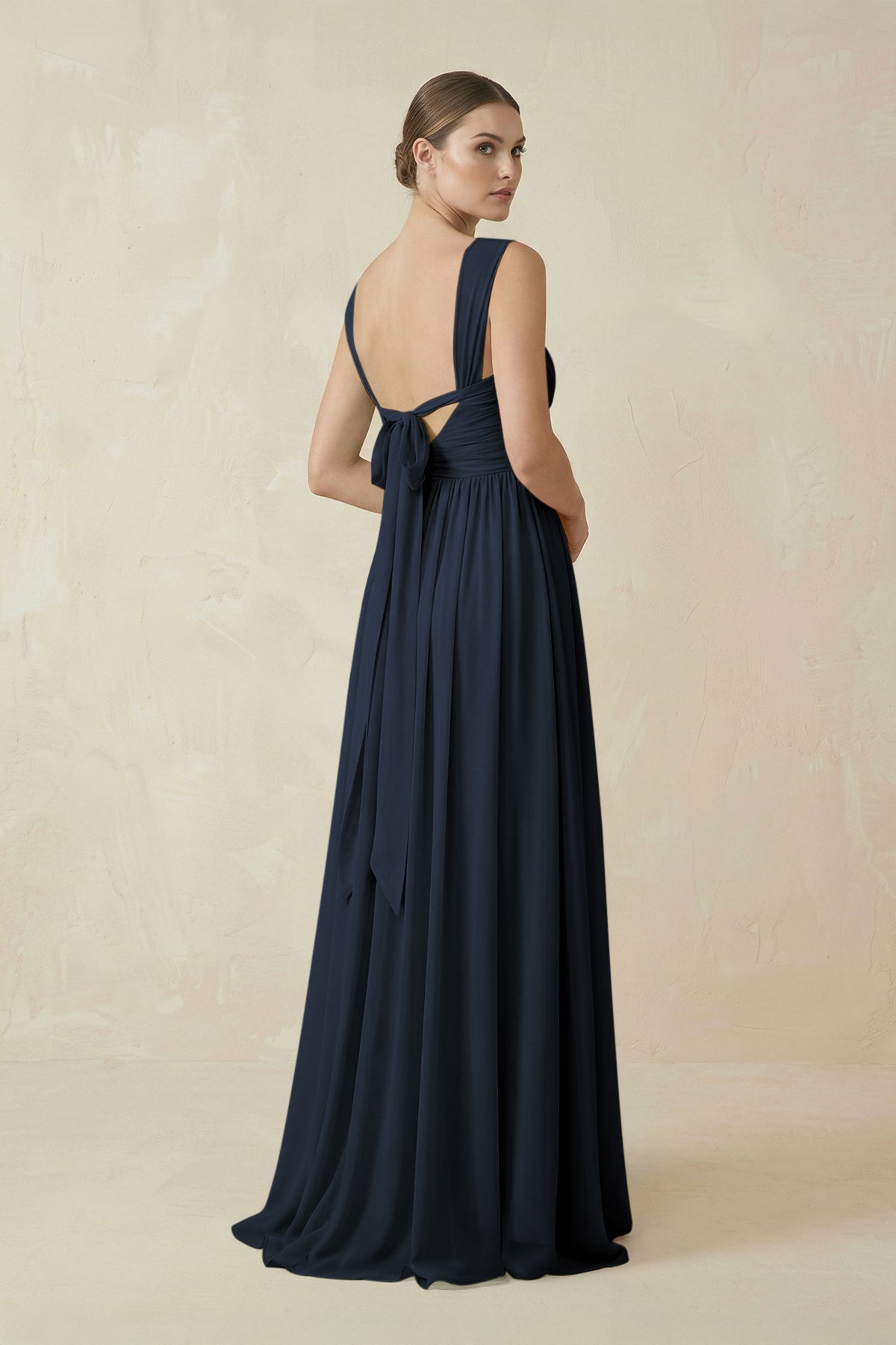A-Line Pleated Chiffon Long Bridesmaid Dress in Dark Navy