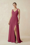 A-Line Pleated Chiffon Long Bridesmaid Dress in Desert Rose
