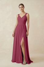 A-Line Pleated Chiffon Long Bridesmaid Dress in Desert Rose