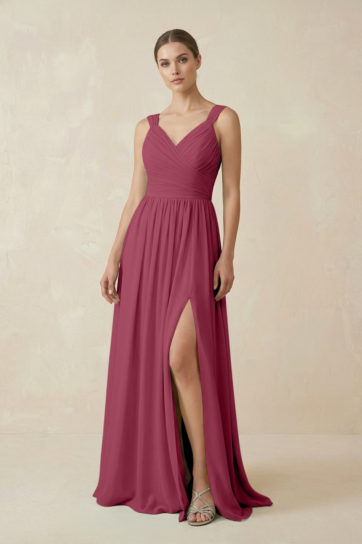 A-Line Pleated Chiffon Long Bridesmaid Dress in Desert Rose