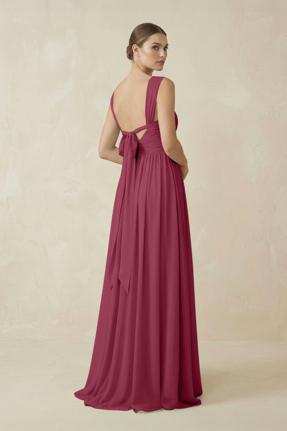 A-Line Pleated Chiffon Long Bridesmaid Dress in Desert Rose