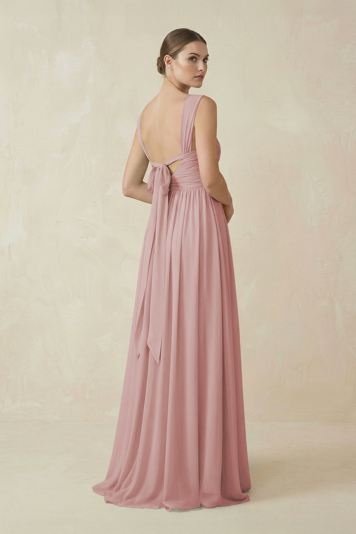A-Line Pleated Chiffon Long Bridesmaid Dress in Dusty Rose
