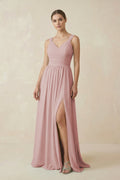 A-Line Pleated Chiffon Long Bridesmaid Dress in Dusty Rose