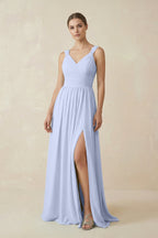 A-Line Pleated Chiffon Long Bridesmaid Dress in Ice