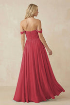 A-Line Pleated Long Chiffon Bridesmaid Dress in Merlot