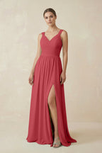 A-Line Pleated Chiffon Long Bridesmaid Dress in Merlot