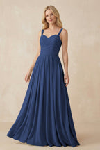A-Line Pleated Long Chiffon Bridesmaid Dress in Navy
