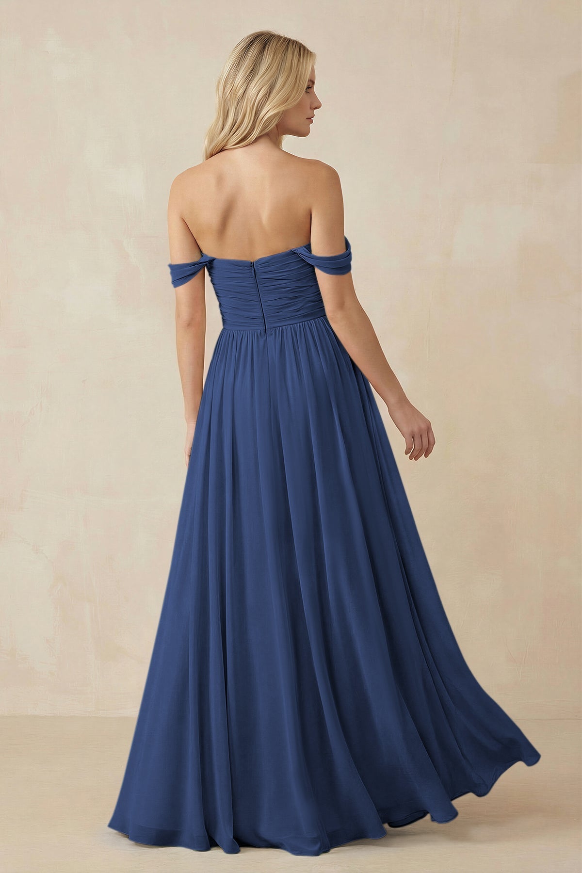 A-Line Pleated Long Chiffon Bridesmaid Dress in Navy