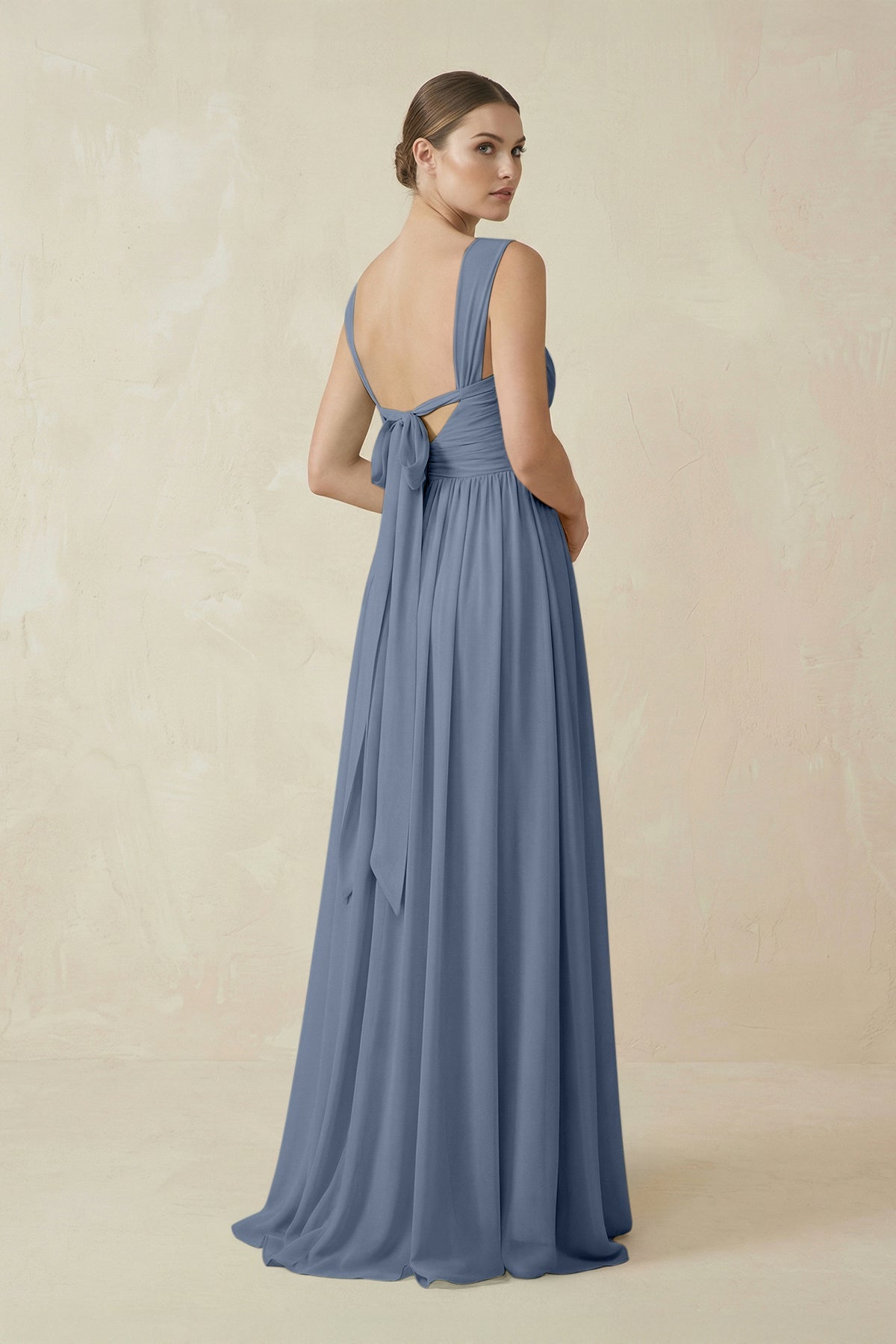 A-Line Pleated Chiffon Long Bridesmaid Dress in Neptune