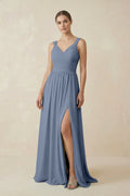 A-Line Pleated Chiffon Long Bridesmaid Dress in Neptune