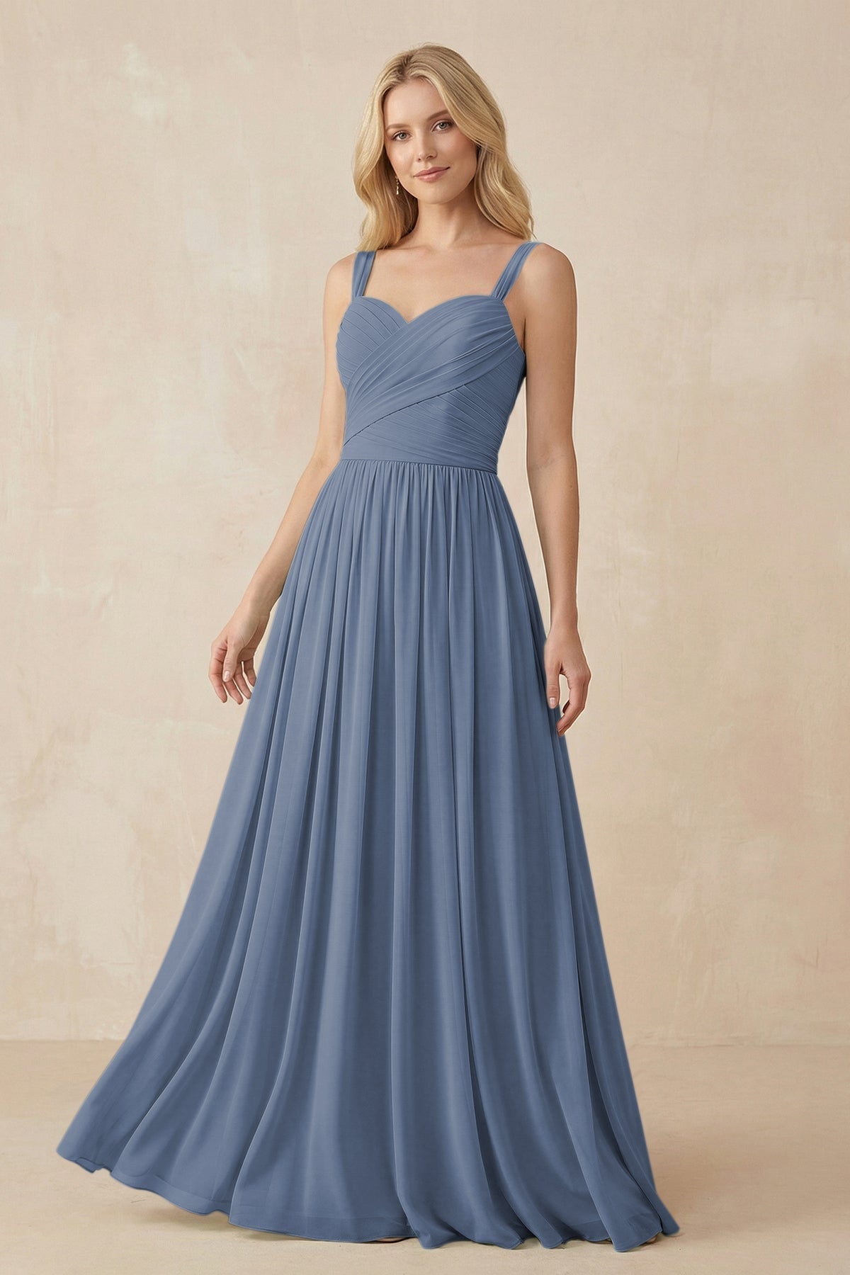 A-Line Pleated Long Chiffon Bridesmaid Dress in Neptune