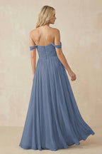 A-Line Pleated Long Chiffon Bridesmaid Dress in Neptune