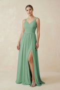 A-Line Pleated Chiffon Long Bridesmaid Dress in Sea Glass