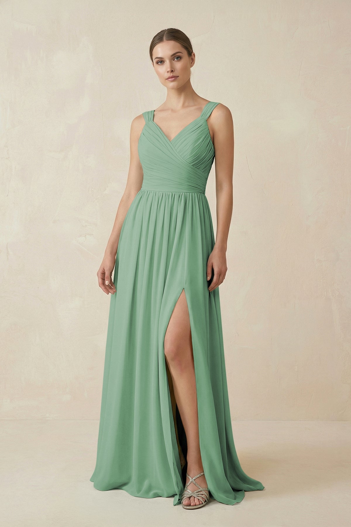 A-Line Pleated Chiffon Long Bridesmaid Dress in Sea Glass