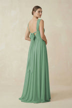 A-Line Pleated Chiffon Long Bridesmaid Dress in Sea Glass