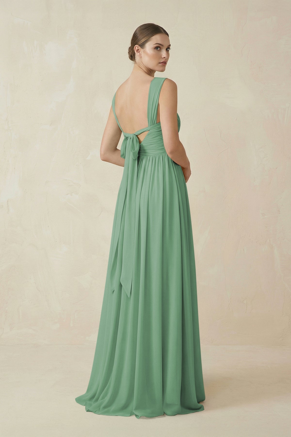 A-Line Pleated Chiffon Long Bridesmaid Dress in Sea Glass