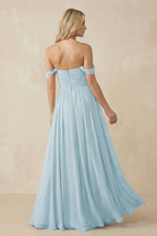 A-Line Pleated Long Chiffon Bridesmaid Dress in Sky Blue
